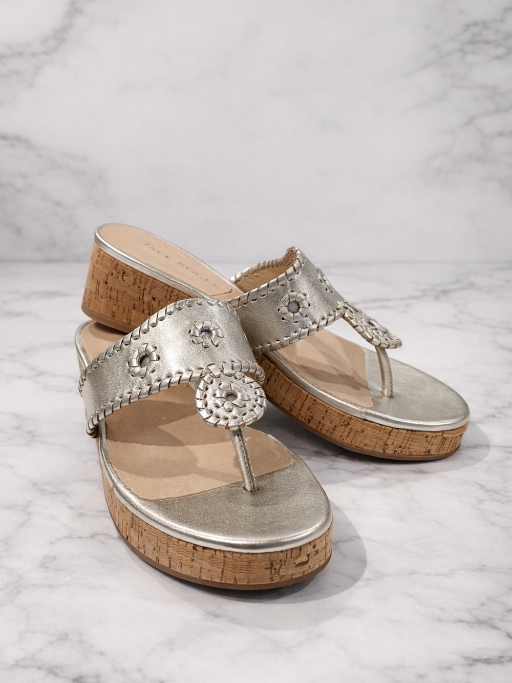 Jack Rogers Metallic Platinum Wedge Sandals Size 10M Cork Platform
